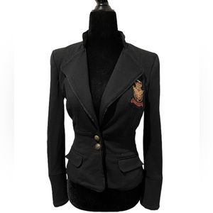 BEBE Vintage Atelier Jockey Knit Black Blazer Jacket Button Gold Metal Crest